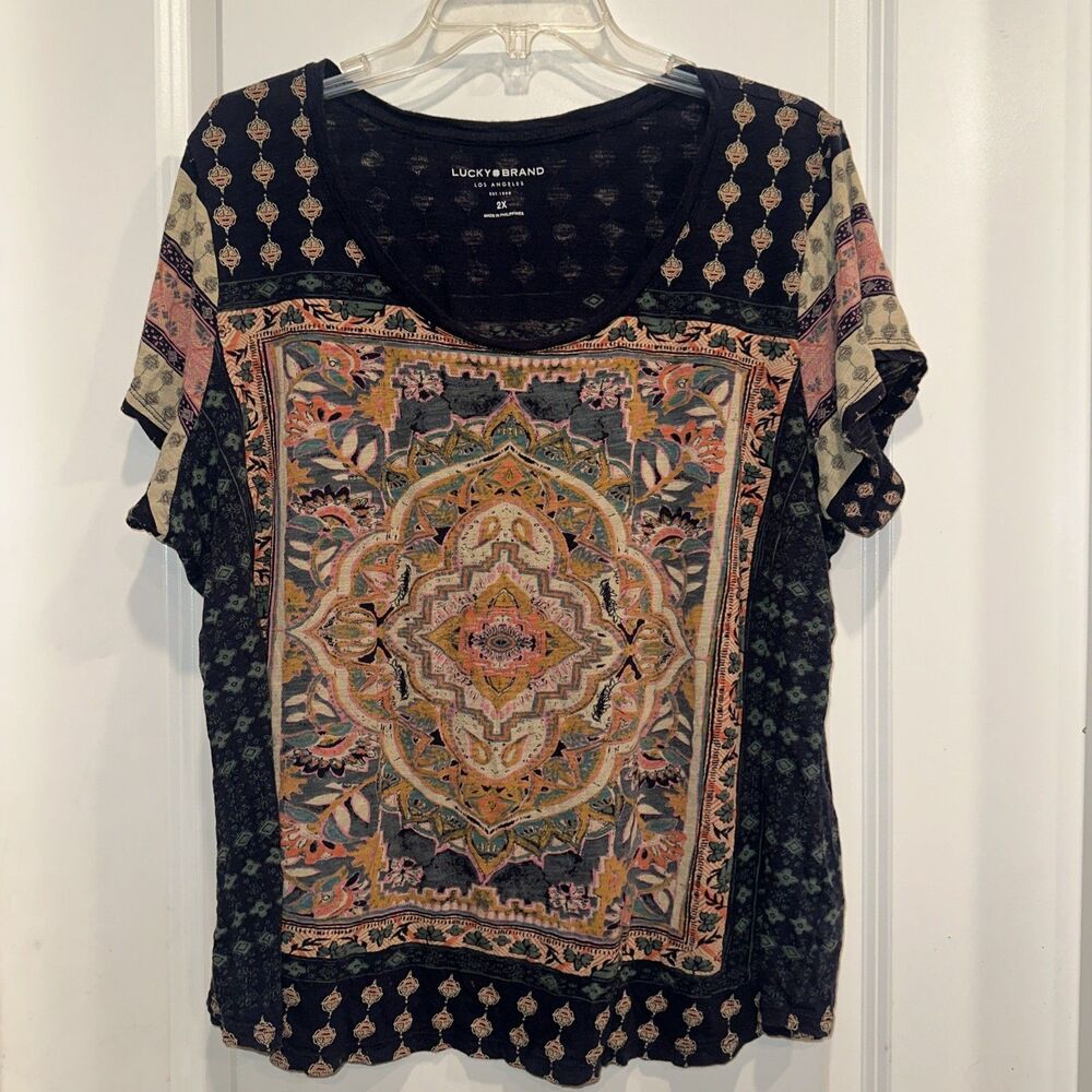 Lucky Brand 2X Womens Short Sleeve Blouse Paisley Boho Western Pullover Boxy